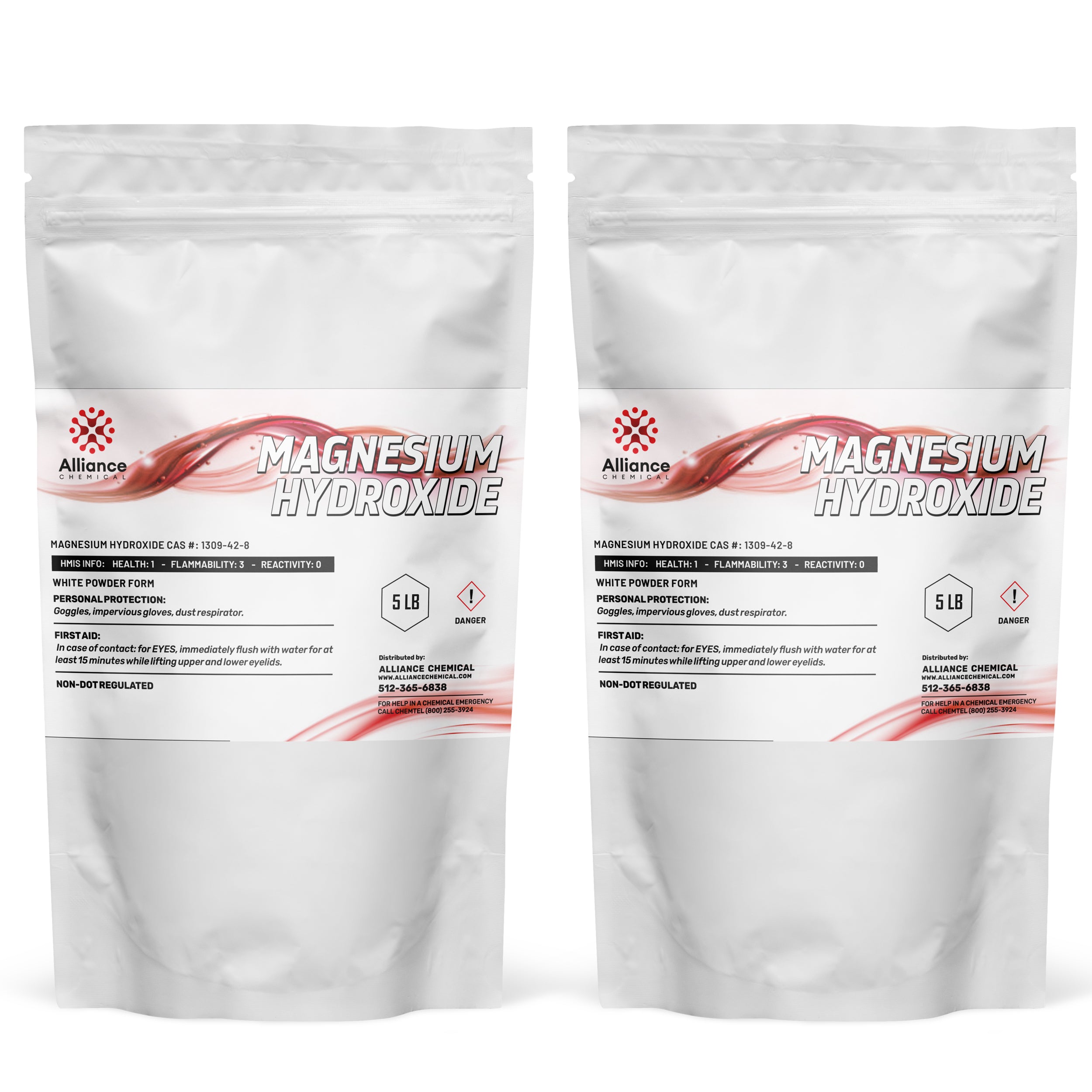 5 lb bags (2-pack) of magnesium hydroxide powder, white industrial-grade chemical in resealable pouches, HMIS 1-3-0 rating, danger symbol, Alliance Chemical branded.